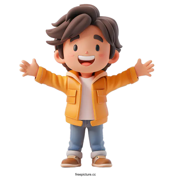 [Transparent Background PNG]Happy Cartoon Boy in Yellow Jacket 3D Illustration
