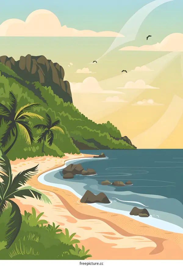 Tropical Beach Landscape Illustration with Palm Trees and Cliff