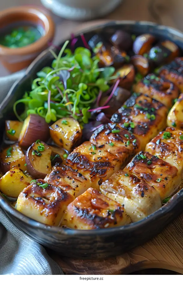 Grilled Halibut with Roasted Potatoes and Greens