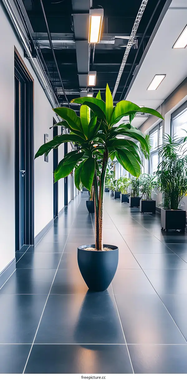 Modern Office Hallway with Plants