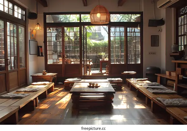 An Empty Chinese-style room with tables and chairs