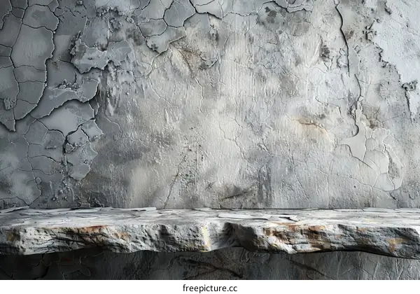 Old grunge cracked concrete wall and shelf