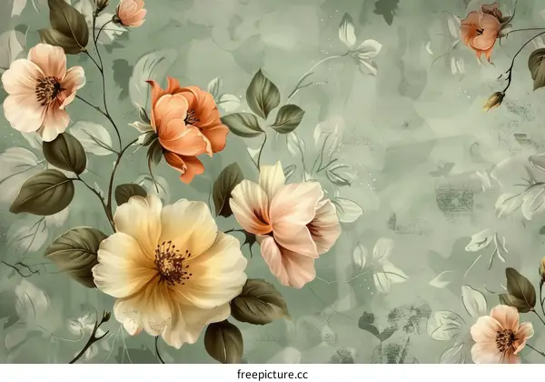Light green background with peach and cream colored flowers