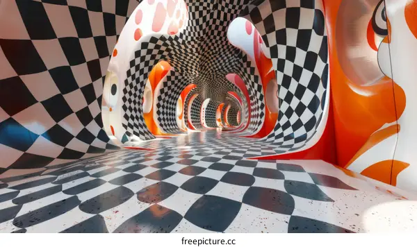 Checkered Tunnel with Red and Orange Accents
