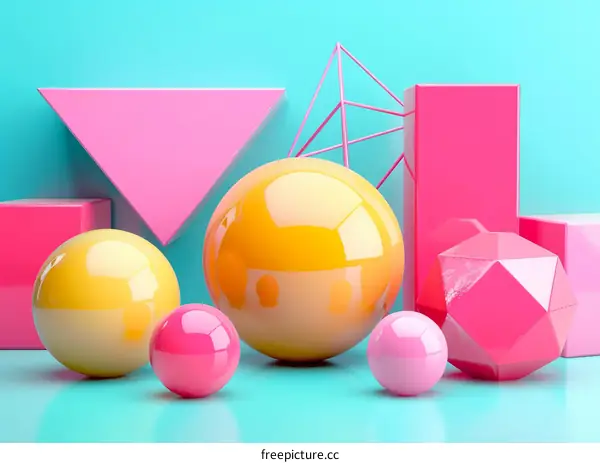 Pink and yellow 3D shapes on a blue background