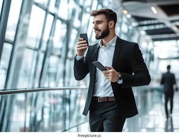 Businessman Talking on Phone While Walking Through Modern Office Building