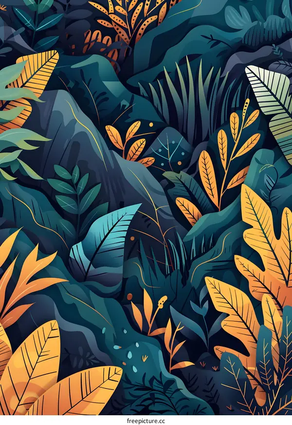 Tropical Rainforest Illustration with Vibrant Green and Yellow Leaves