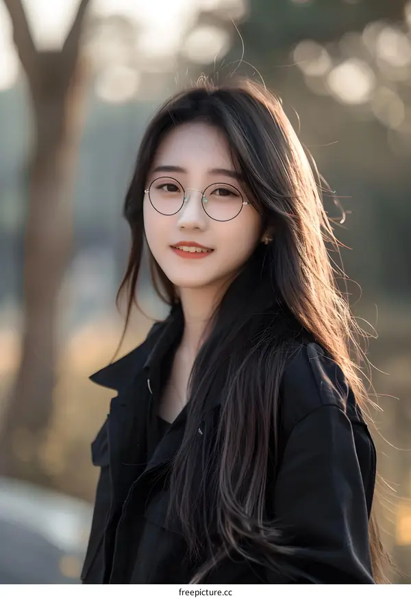 Portrait of a Young Woman with Long Black Hair Wearing Glasses