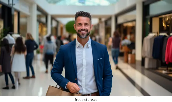 Bearded man in a suit holding shopping bags in a shopping mall