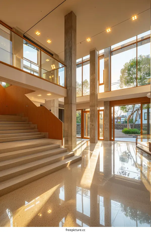 Staircase and corridor in a modern house with large glass windows