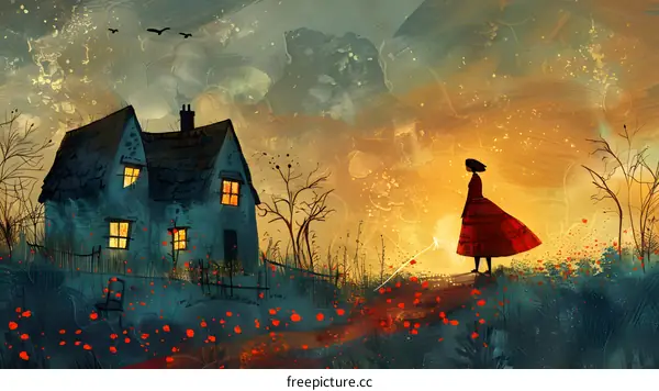 Woman in Red Dress Standing in Front of a House with a Sunset in the Background