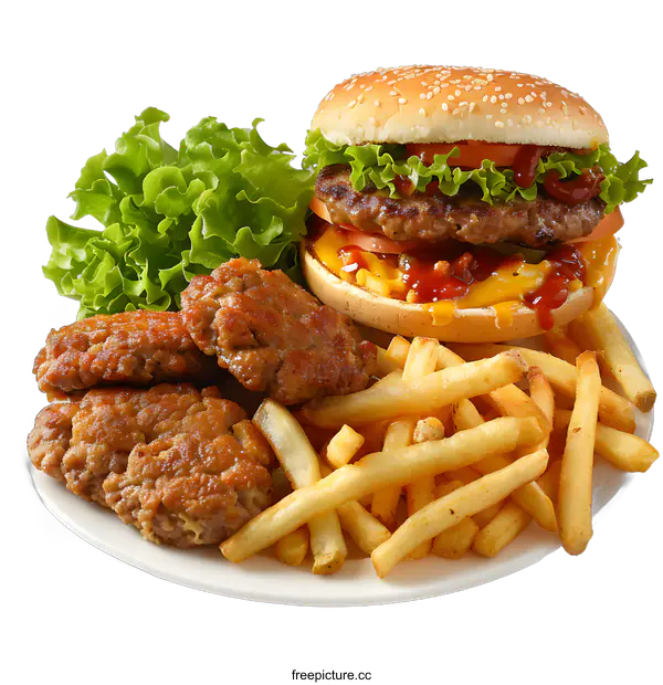 [Transparent Background PNG]Burger meal with french fries and nuggets