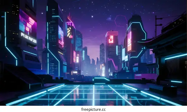 Futuristic Neon Cityscape with Glowing Buildings and Streets