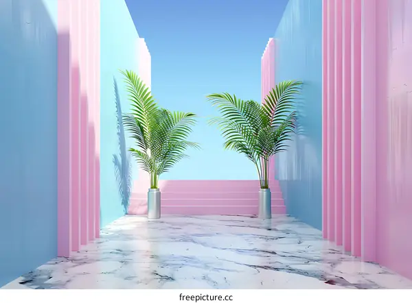 Minimalist 3D Render of Pink and Blue Walls with Palm Trees