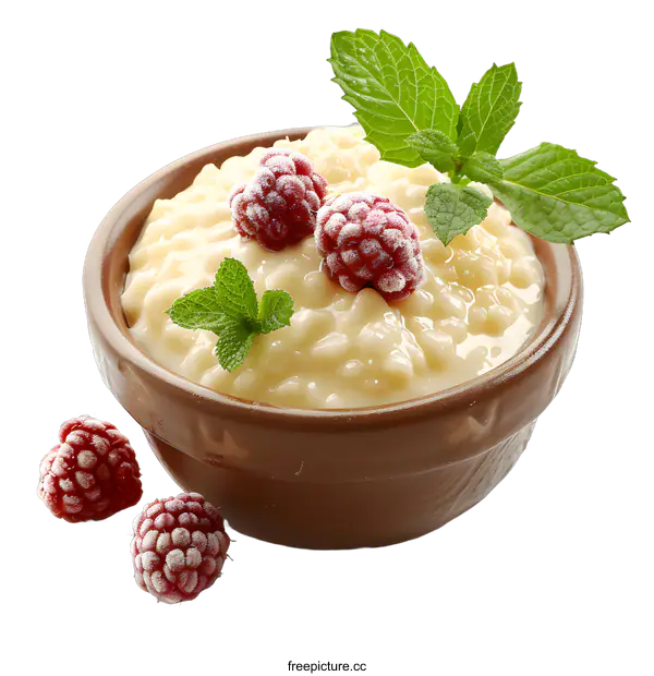[Transparent Background PNG]Rice pudding with raspberries and mint
