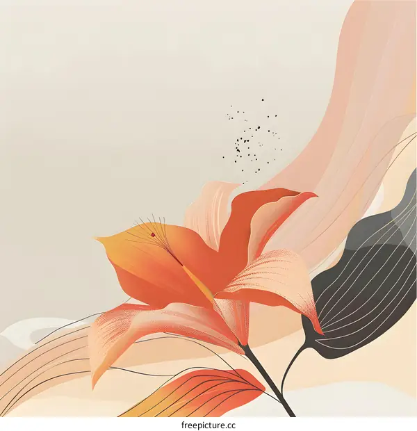 Abstract Floral Illustration with Orange Lily Flower and Swirls