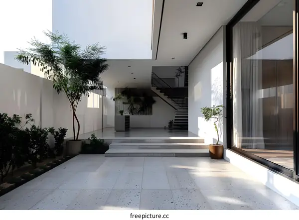 Modern Minimalist Exterior Design with White Walls and Greenery
