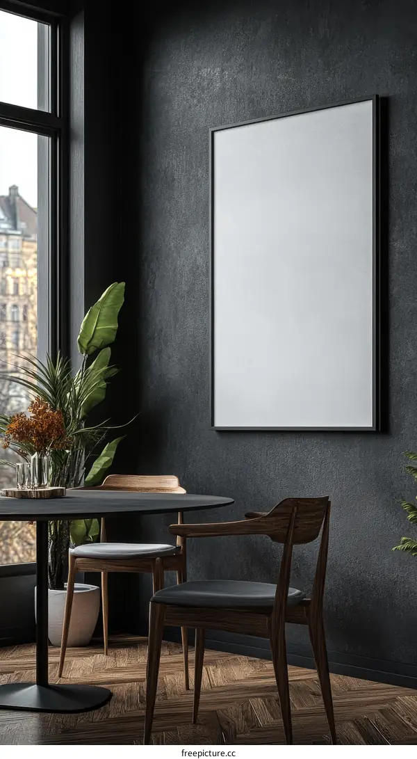 Modern Dark Dining Room Interior Mockup with Blank Frame
