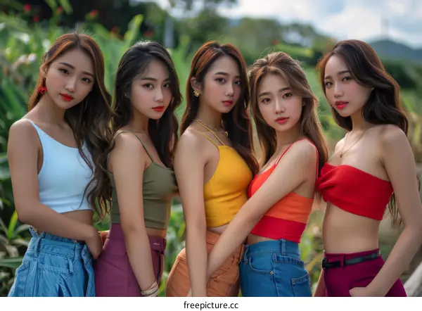 Five beautiful Asian women in colorful crop tops and jeans pose together in a garden.