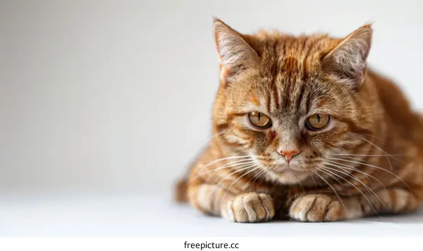 A ginger cat is sitting on a white table looking at the camera