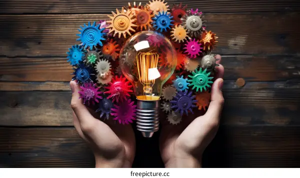 Hands holding a glowing light bulb surrounded by colorful gears