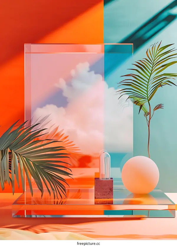 Minimalist 3D Still Life with Palm Trees and Glass