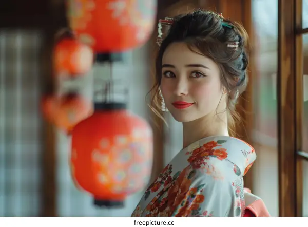 Portrait of a beautiful Japanese woman in traditional kimono