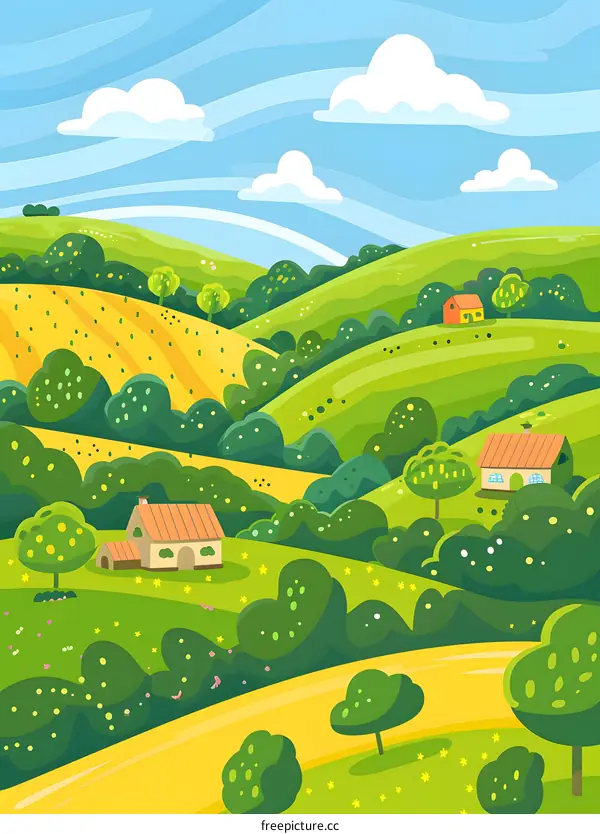 Cartoon Illustration of Green Hills and Houses