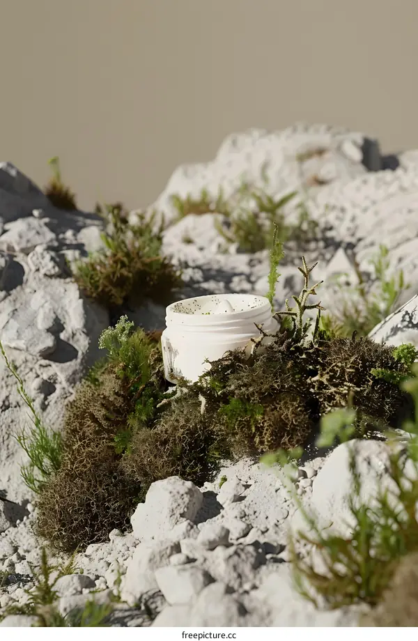 Natural Beauty Cream Jar Surrounded By Green Plants In A White Sandy Landscape