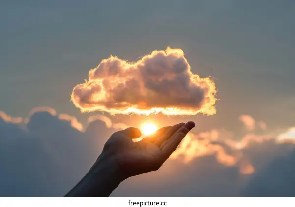 Hand holding a glowing cloud at sunset