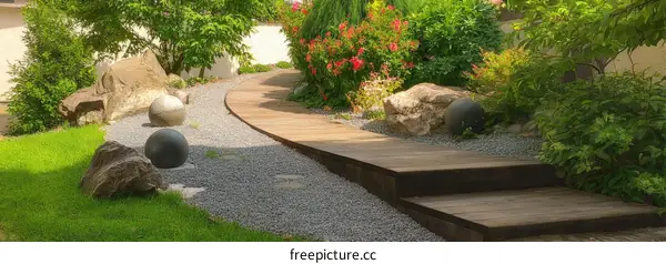 Wooden Pathway Winding Through a Zen Garden