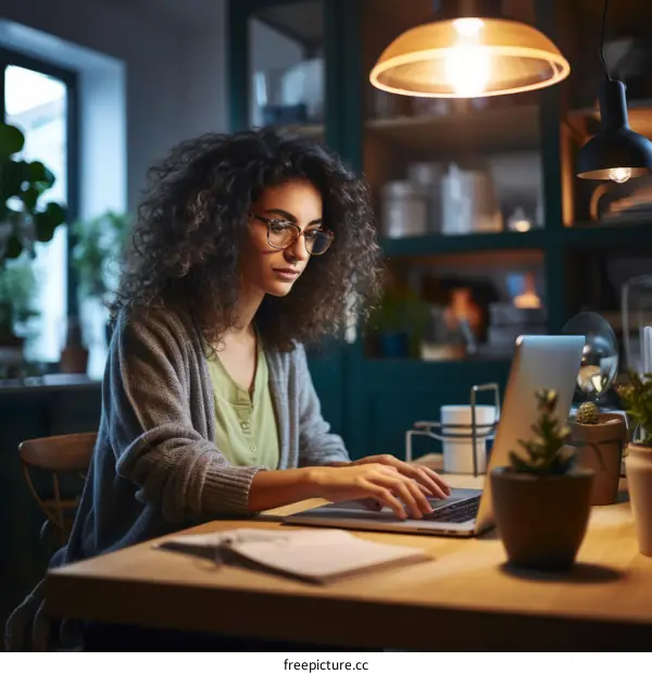 Young woman working on laptop at home