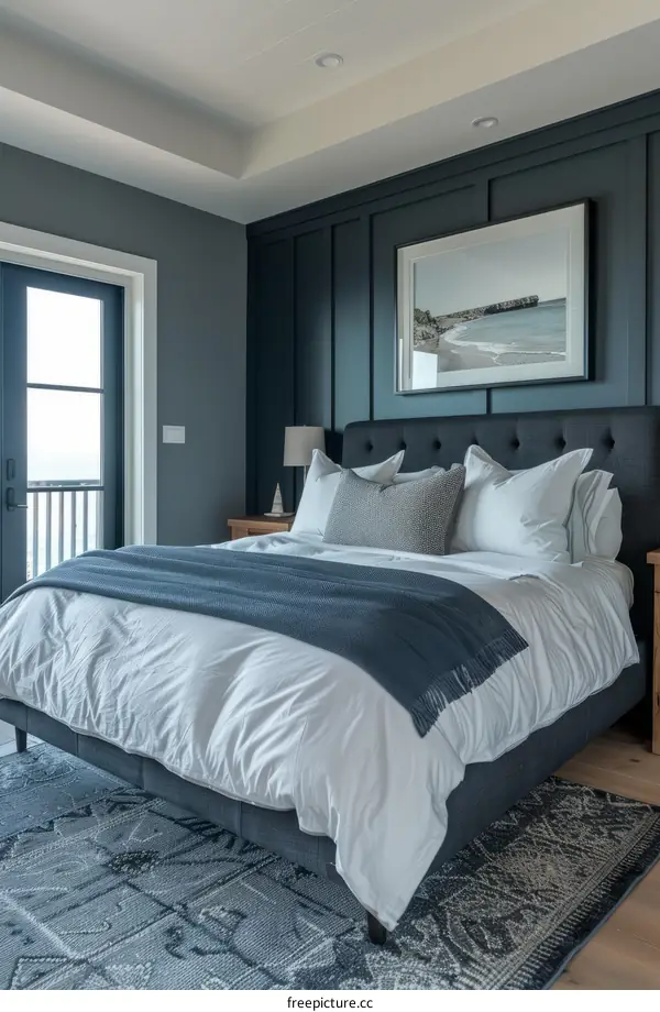 Modern coastal bedroom with dark blue accent wall and white bedding