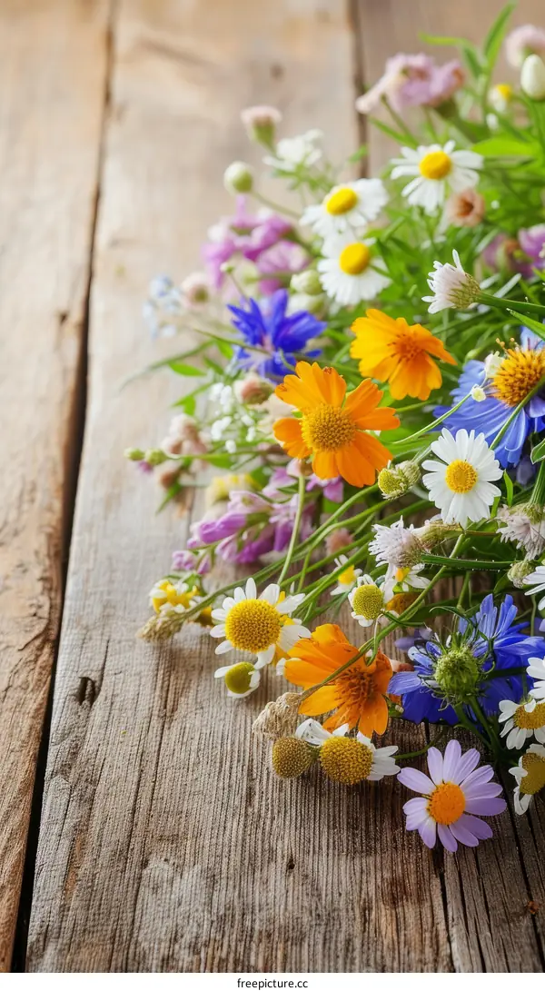 A bouquet of colorful flowers on a wooden background