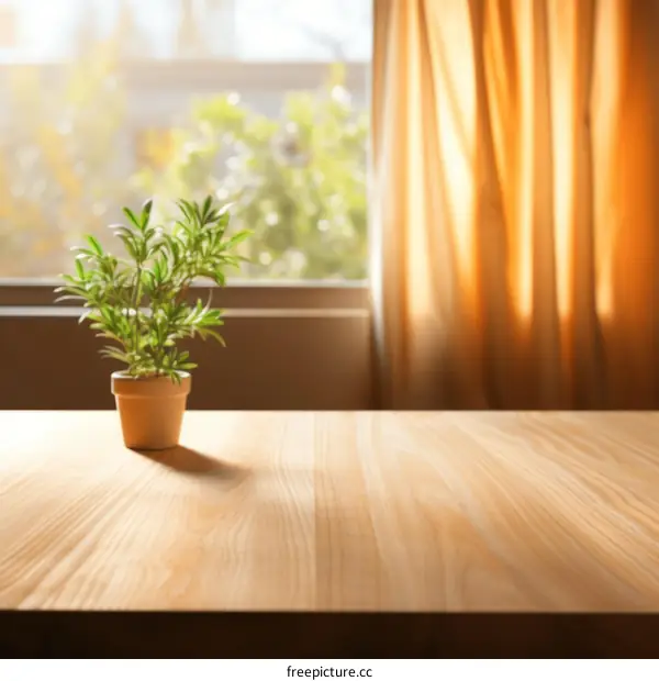 A wooden table with a potted plant on it, with a window in the background