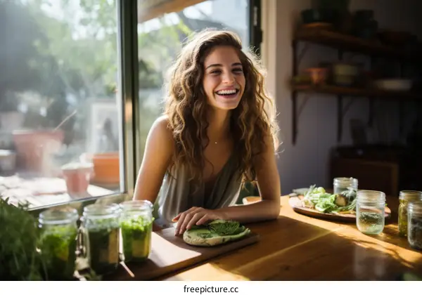 Laughing woman with curly hair sitting at a table with jars and a plate of food