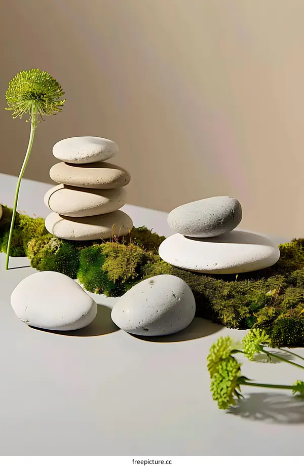 Stack of Smooth White Stones with Green Moss and Flower