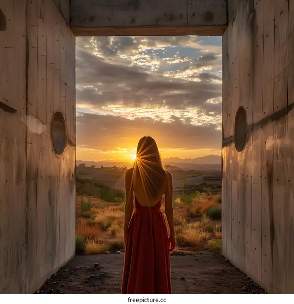 girl in red dress standing in front of sunset
