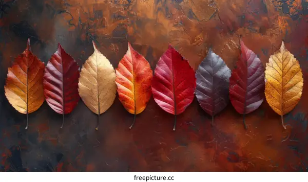 Colorful autumn leaves arranged in a row on a brown background