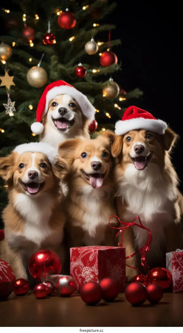 Four dogs wearing Santa hats sit in front of a decorated Christmas tree