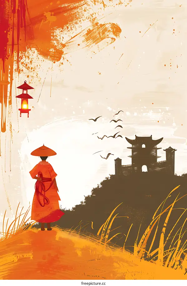 Asian Woman in Traditional Dress Looking at Temple