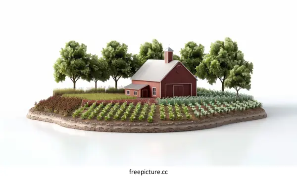 Small red barn in a lush green field