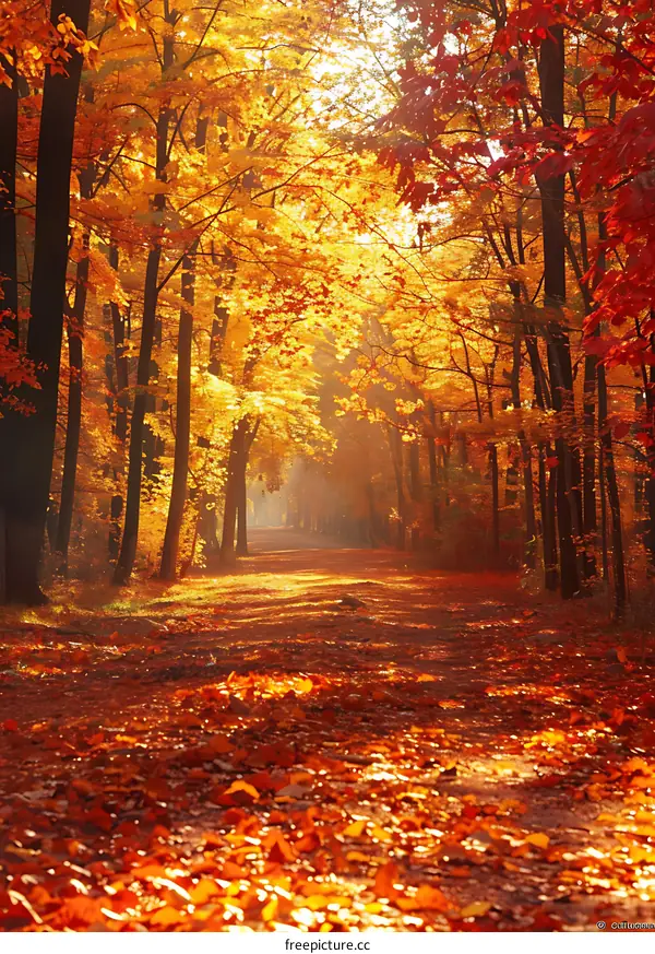 Autumn Forest Path With Golden Leaves