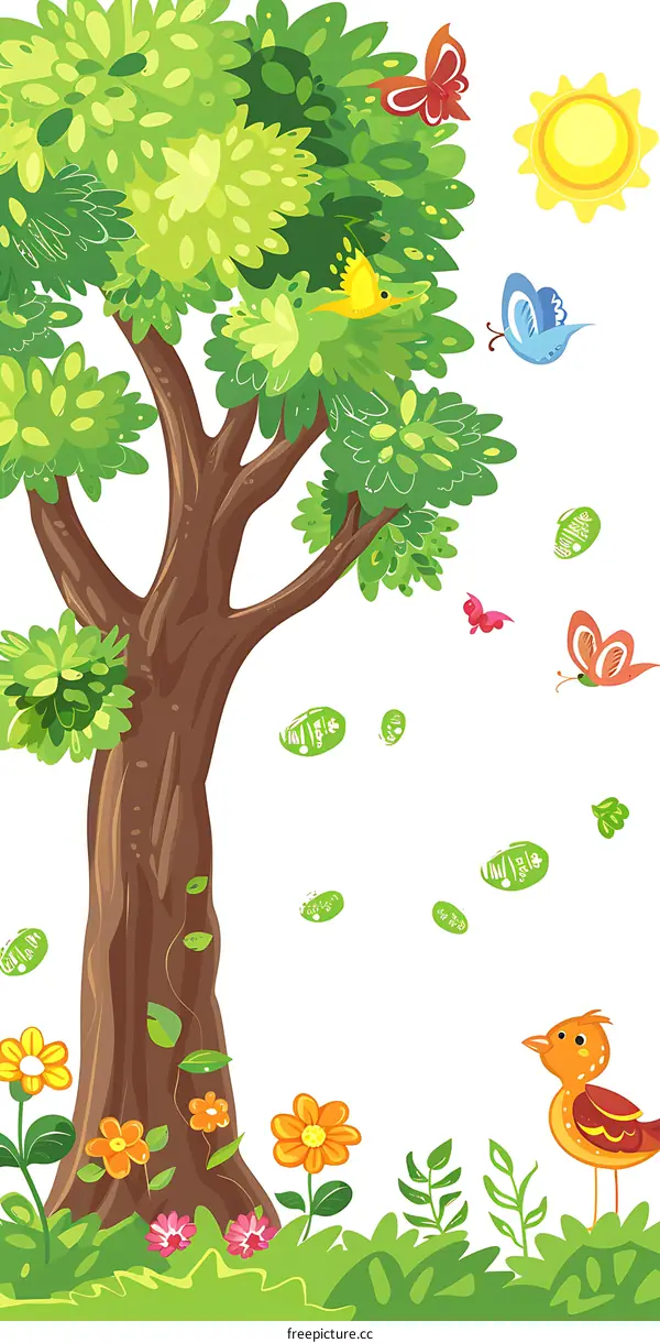 Cartoon Illustration of a Large Tree with Birds and Butterflies in a Sunny Garden