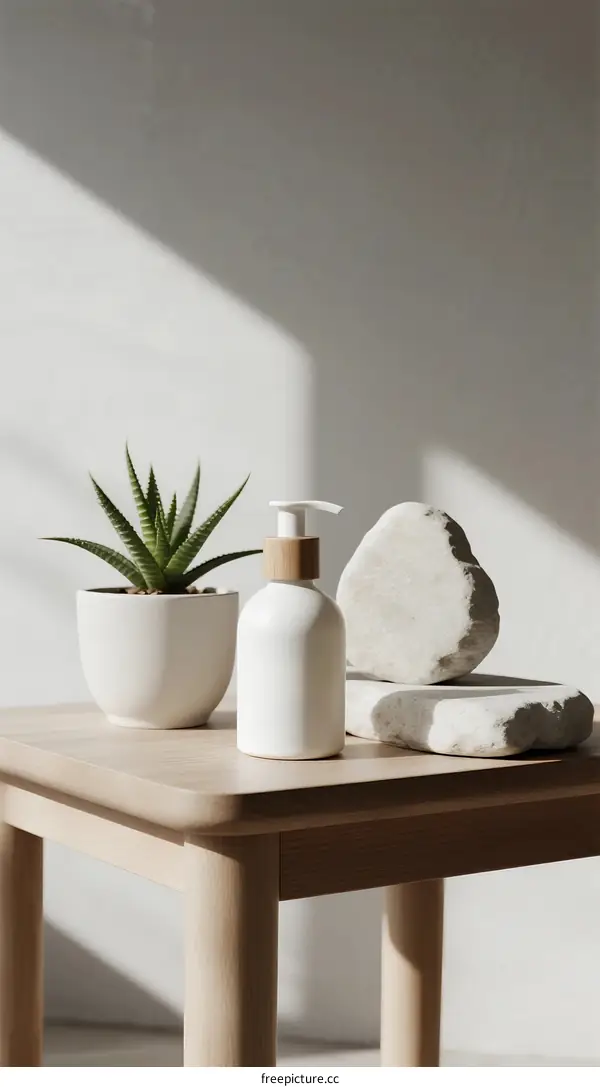 Minimalist white table with succulent plant and stone decor