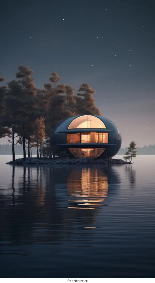 futuristic house on lake at night