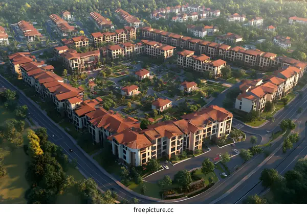 Aerial View of Modern Residential Complex with Red Roofs and Green Trees