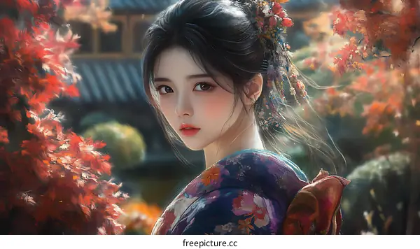 Beautiful Asian Woman in Traditional Japanese Kimono