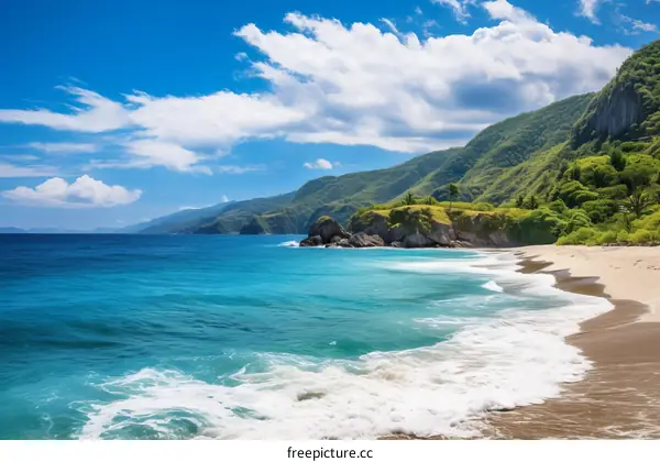 Beautiful beach landscape with blue sea and green mountains
