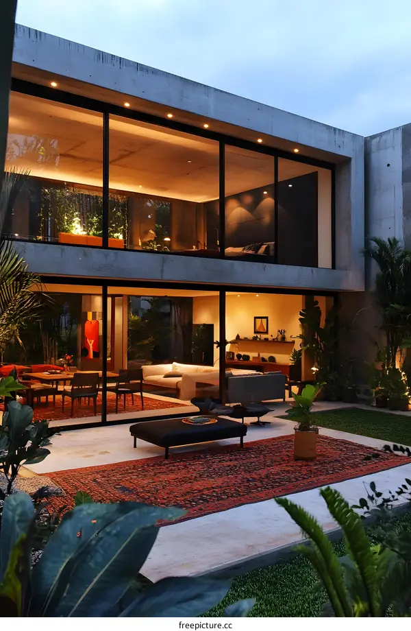 Modern Concrete House With Outdoor Patio and Lush Greenery